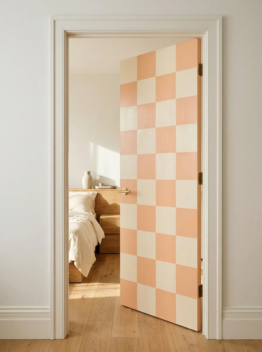 Checkerboard Door With a Contemporary Peach and Cream Palette