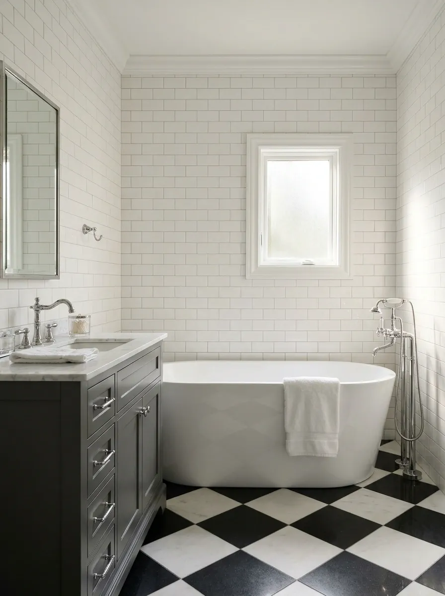 Checkerboard Floor With an Uncomplicated White Bathtub