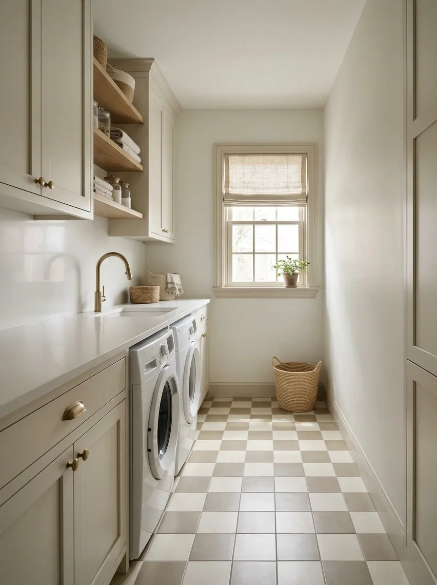 Checkerboard Floor With Simple Painted Laundry Cabinets