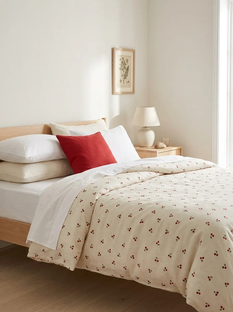 Cherry Print Bedding With Crisp White Sheets
