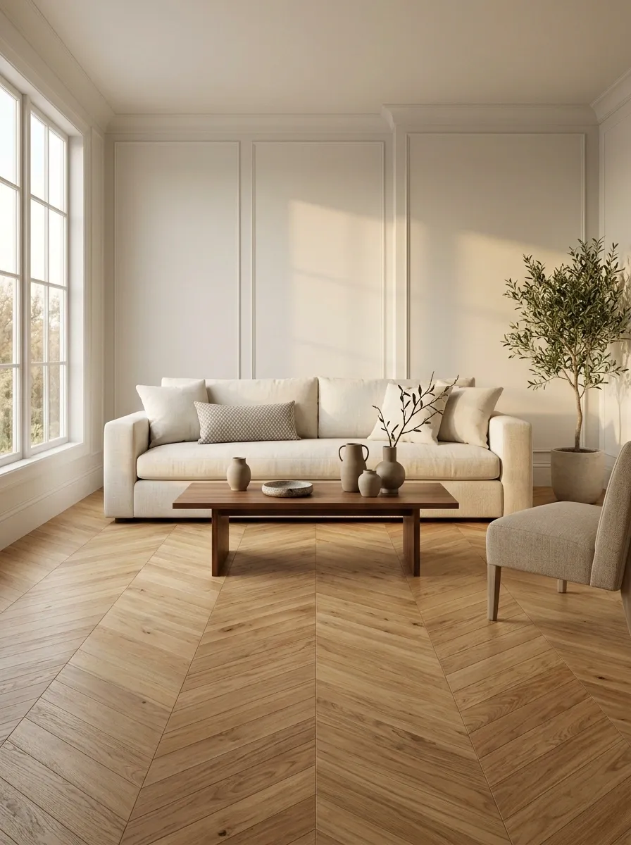 Chevron Patterns Repeated Across Floors, Fabrics, and Walls