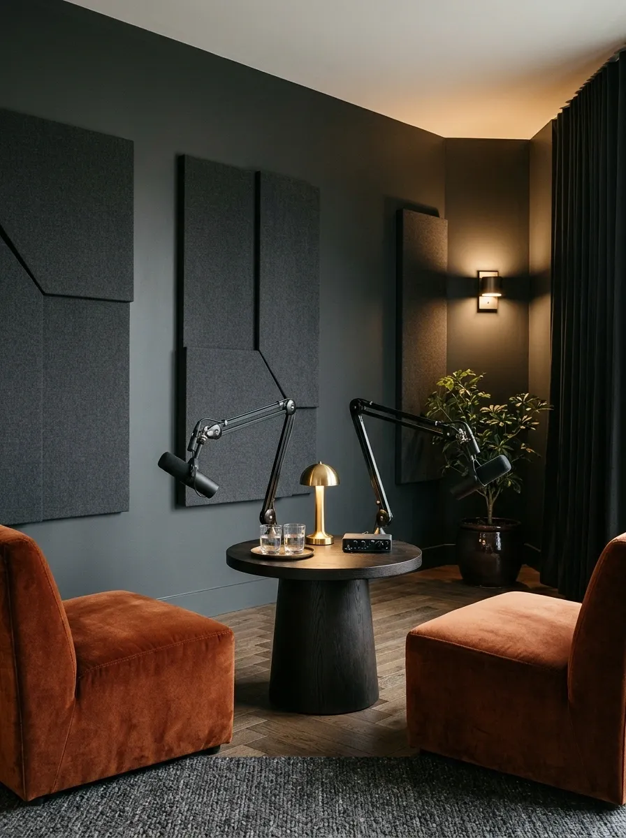 Cinematic Podcast Room With Charcoal Walls and Rust Accents