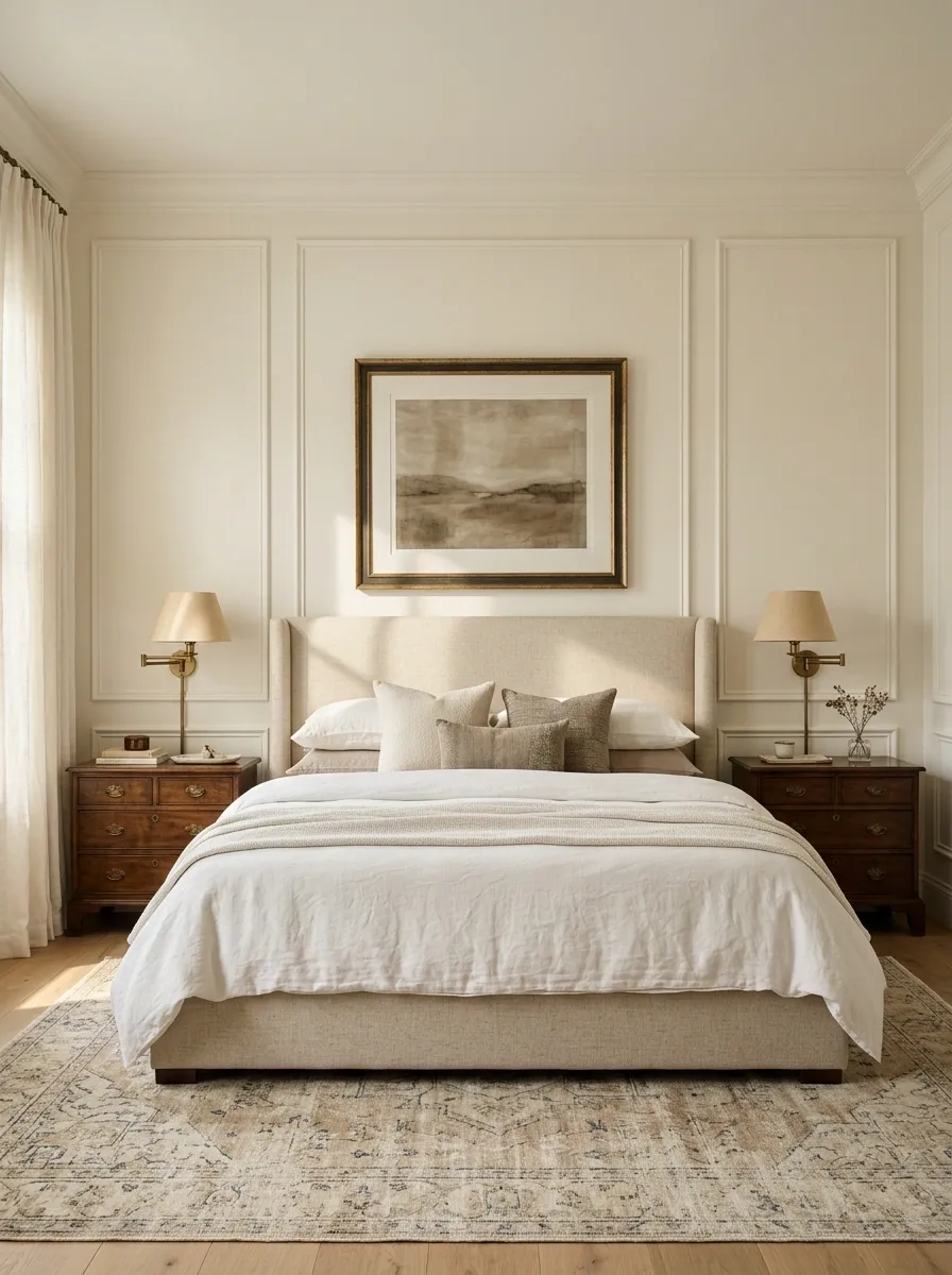 Classic Bedroom With Wall Moulding and Antique-Inspired Furniture