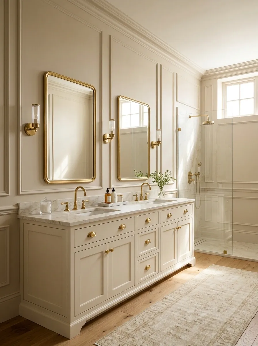 Classic Beige Bathroom With Polished Brass and Panelled Cabinetry