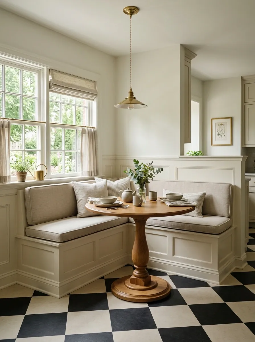 Classic Breakfast Nook With Painted Wood and Checkerboard Floor