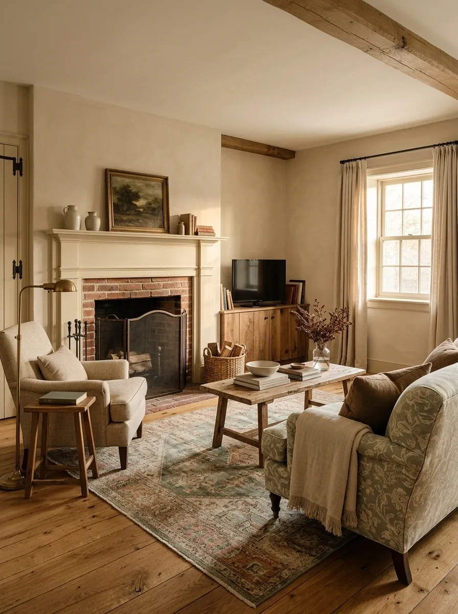 Classic Cottage Living Room With the Fireplace as the Main Feature