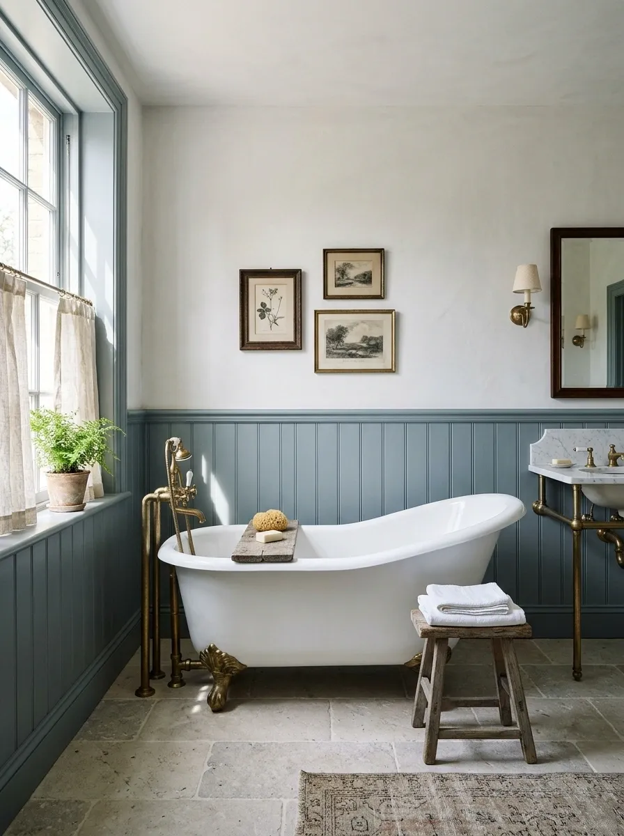 Classic Country Bathroom With a Slipper Tub and Painted Paneling