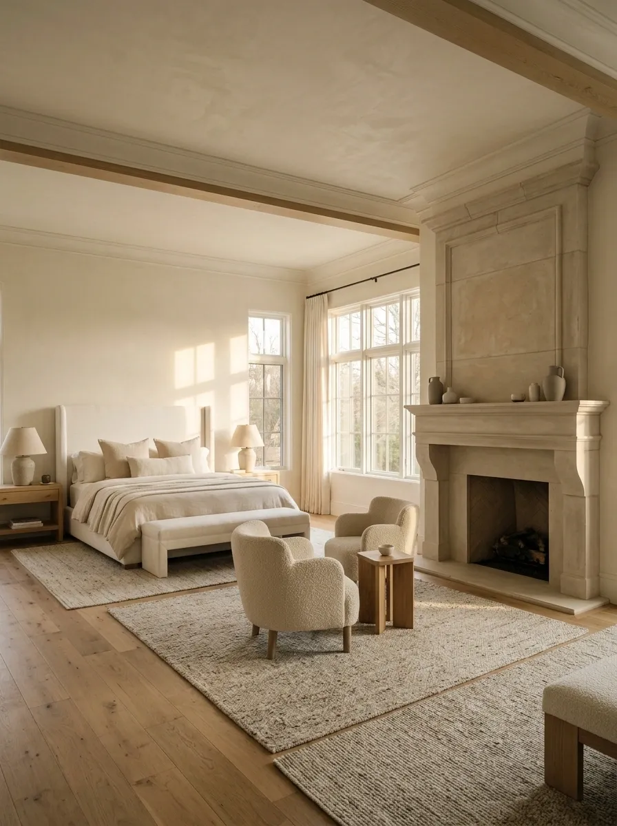 Classic Cream Bedroom With a Limestone Fireplace and Upholstered Bed