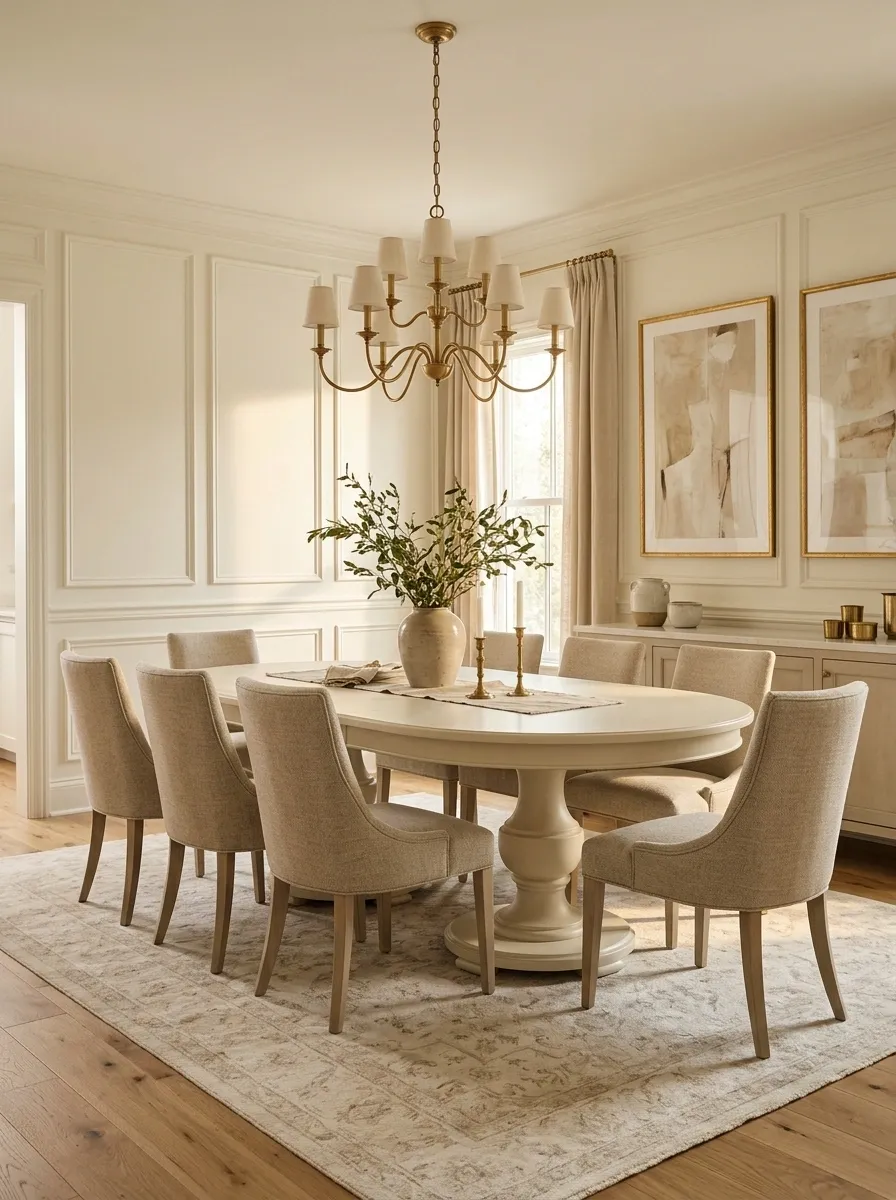 Classic Cream Dining Room With a Pedestal Oval Table