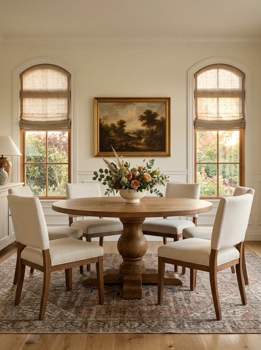 Classic Dining Room With a Pedestal Table and Pleated Linen Shades