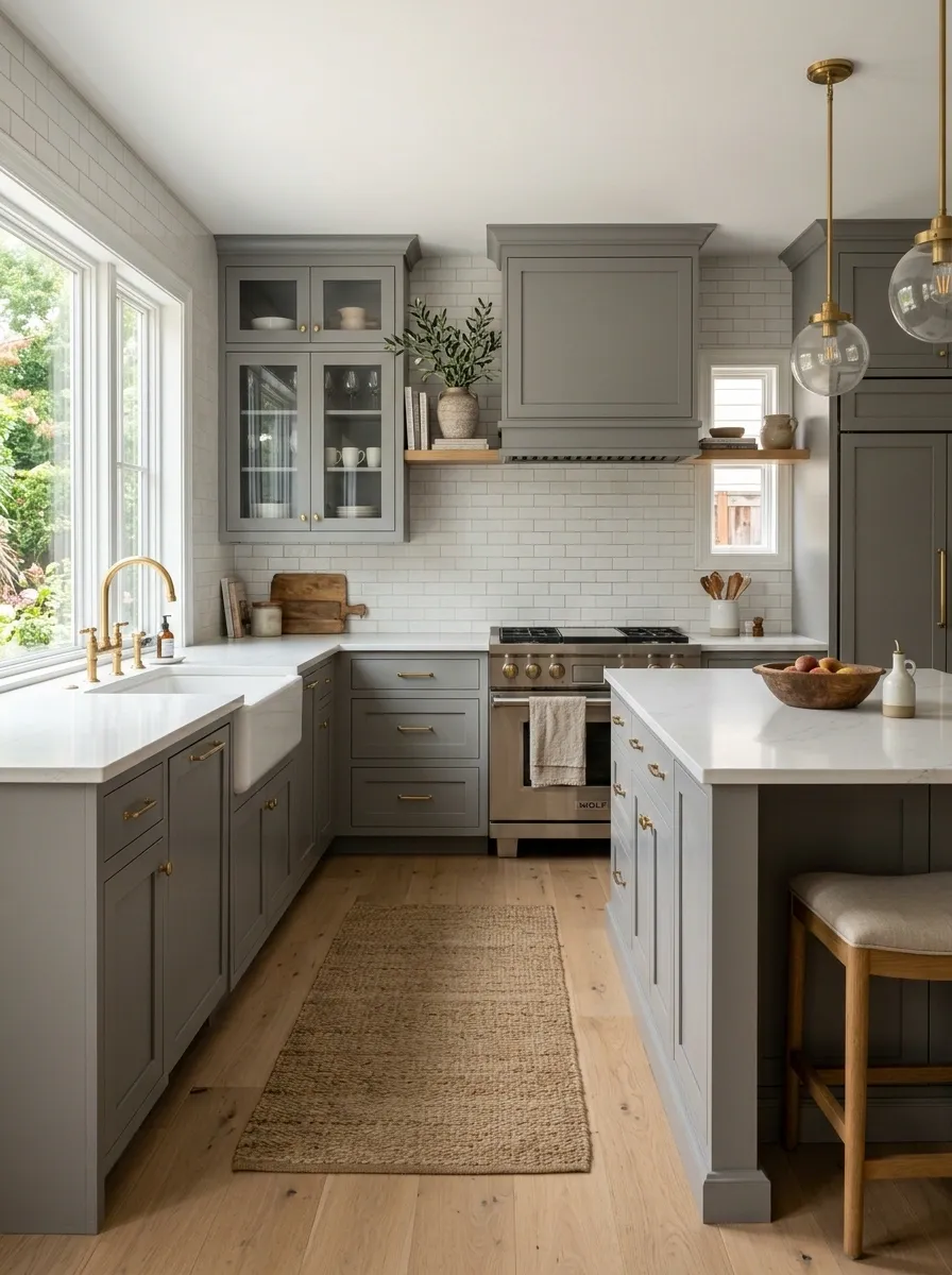 Classic Gray Cabinets With a White Farmhouse Sink