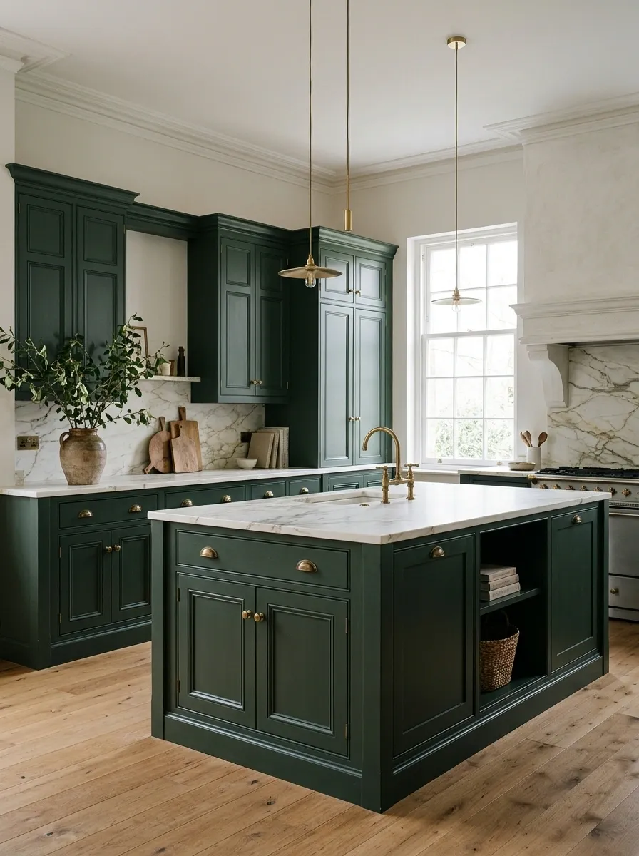 Classic Green Shaker Kitchen With Marble and Aged Brass