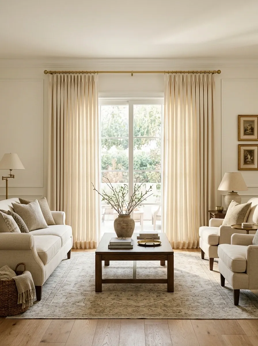 Classic Pinch-Pleat Drapes With a Polished Brass Rod