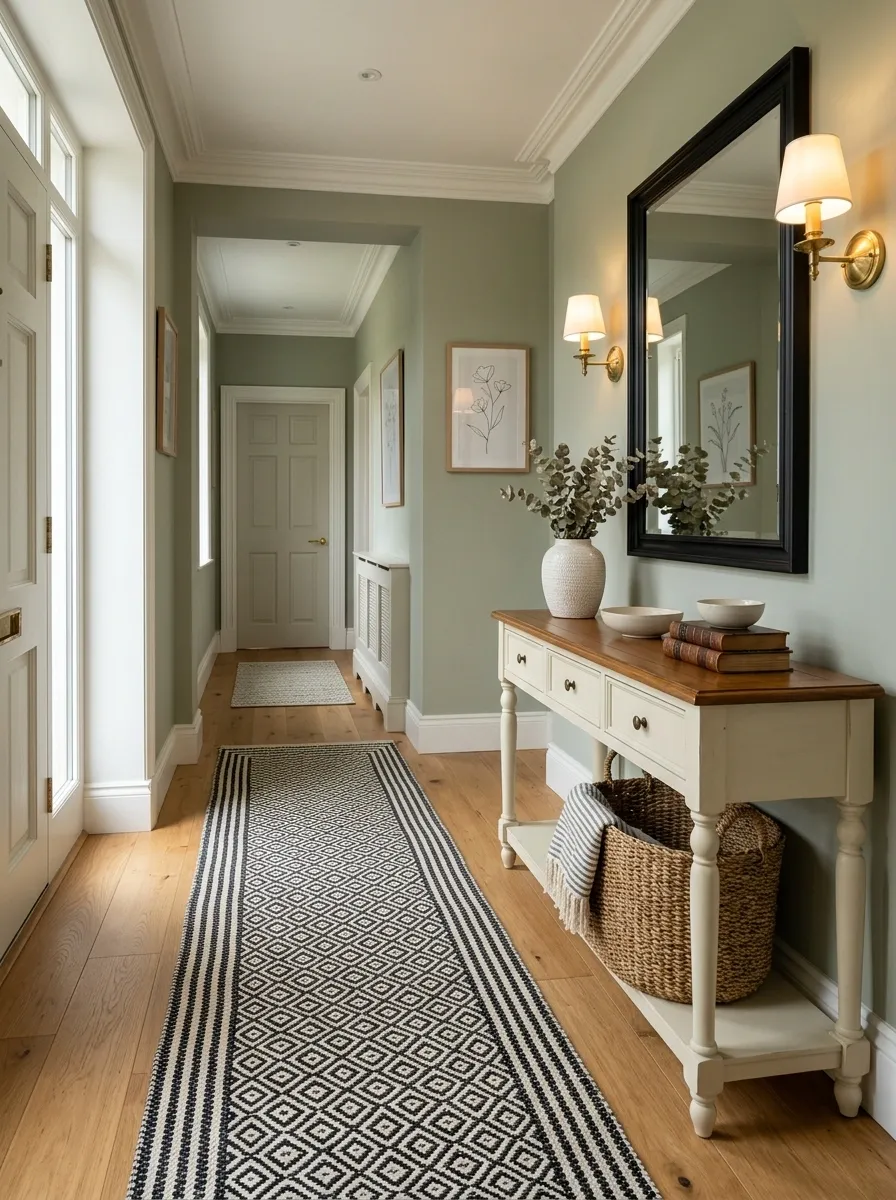 Classic Sage Foyer With Black-and-White Runner