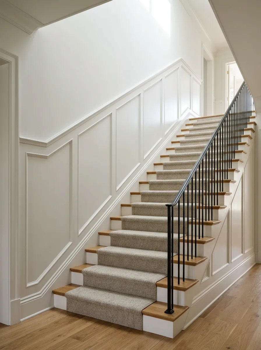 Classic White Box Moulding With Warm Oak Treads