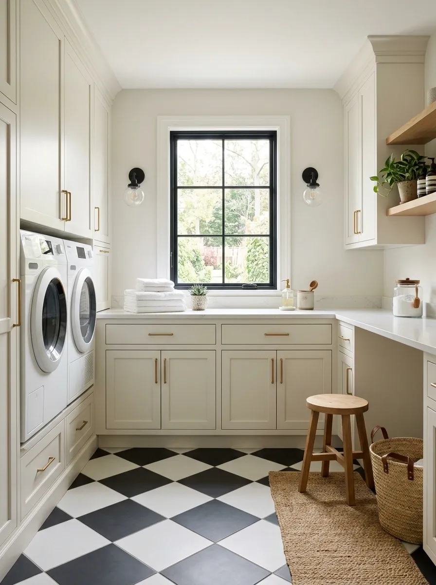 Classic White Cabinetry With a Dramatic Black Checkerboard Floor
