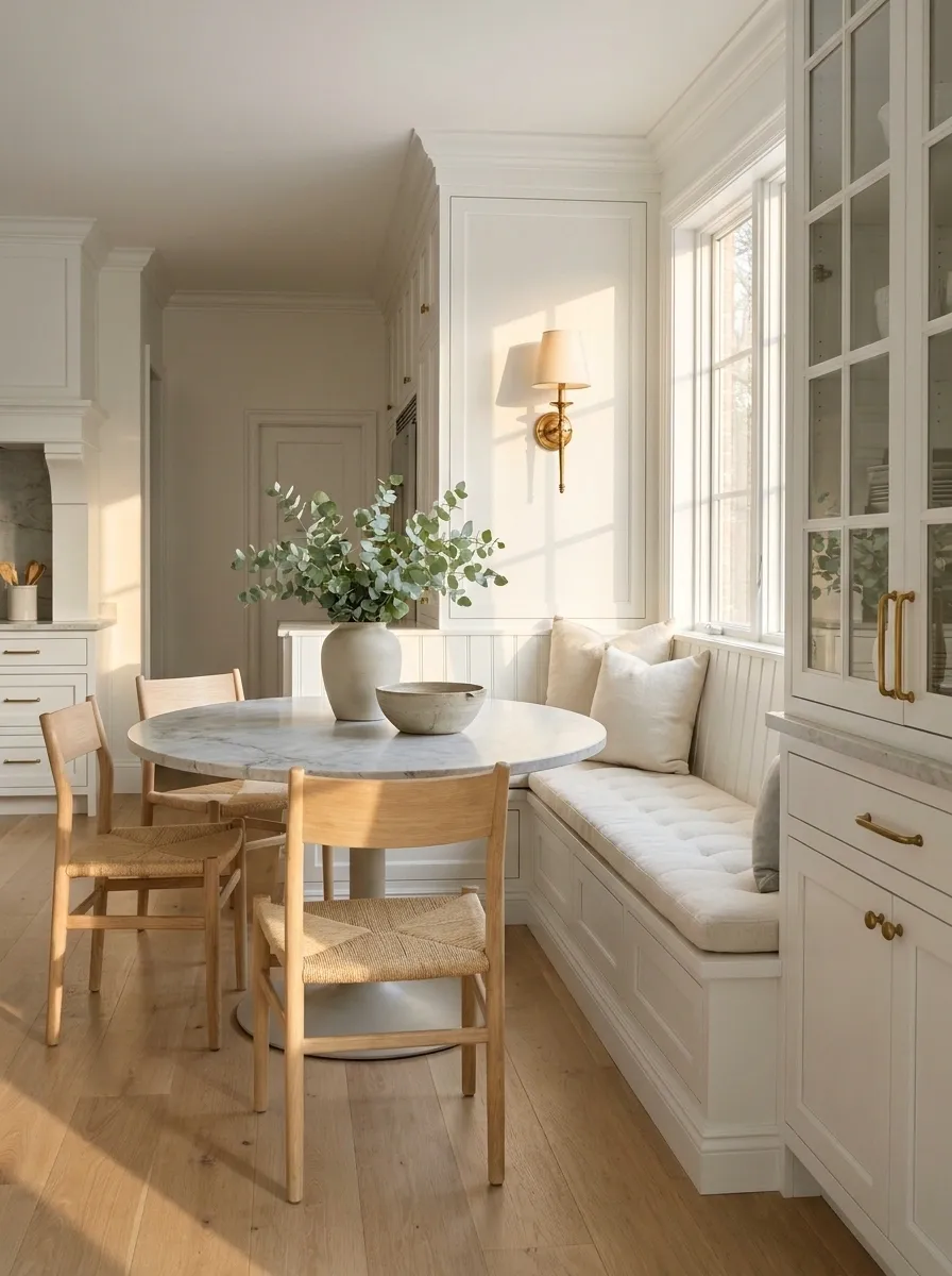 Classic White Kitchen With Tufted Dining Banquette