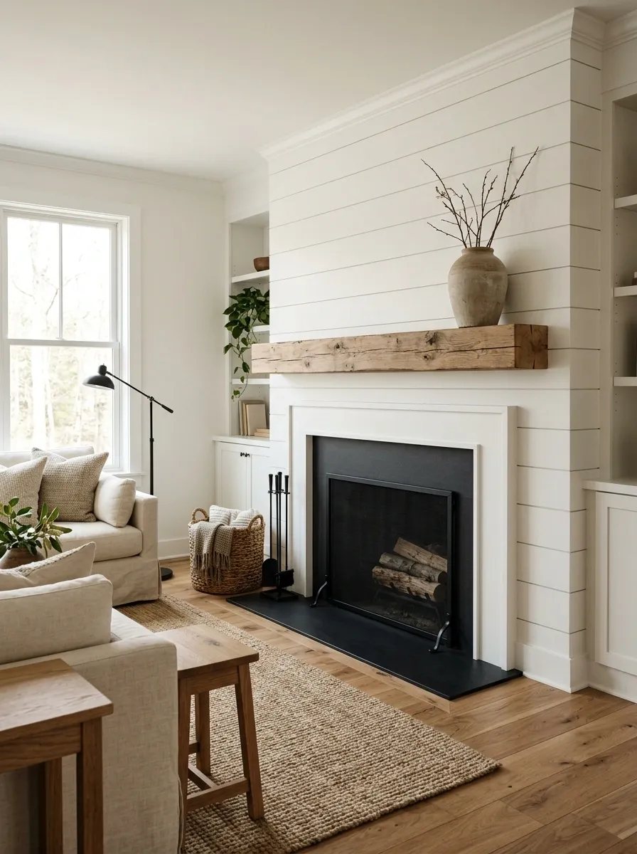 Classic White Shiplap With a Natural Oak Mantel