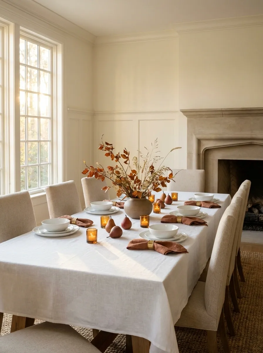 Classic White Thanksgiving Table With Subtle Autumn Color