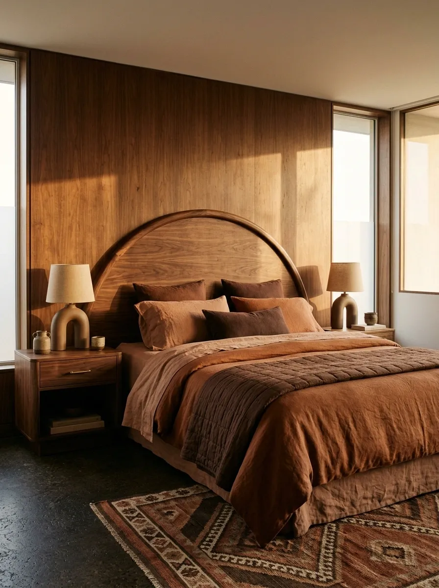 Clay and Cocoa Bedding in a Seventies-Inspired Bedroom
