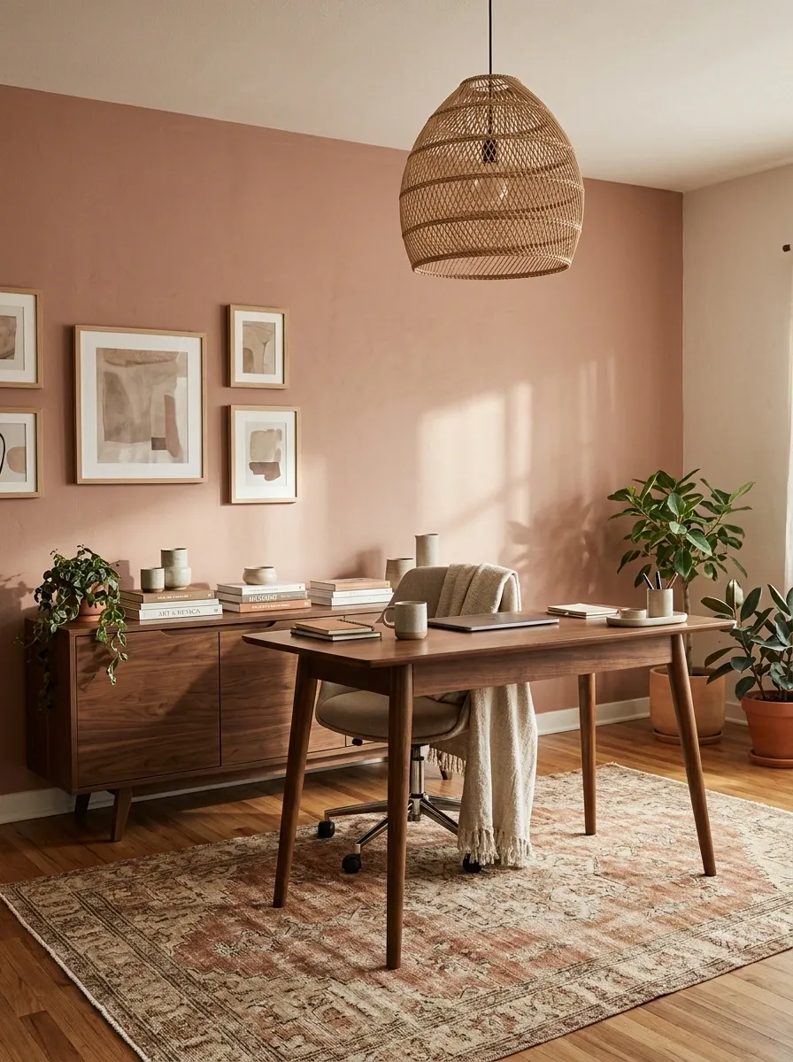 Clay Pink Boho Office With Soft Walnut Furniture
