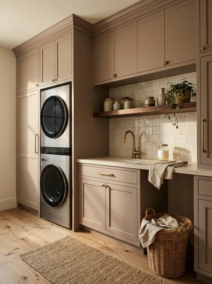 Clay-Toned Laundry Room With Cream Tile and Walnut Accents
