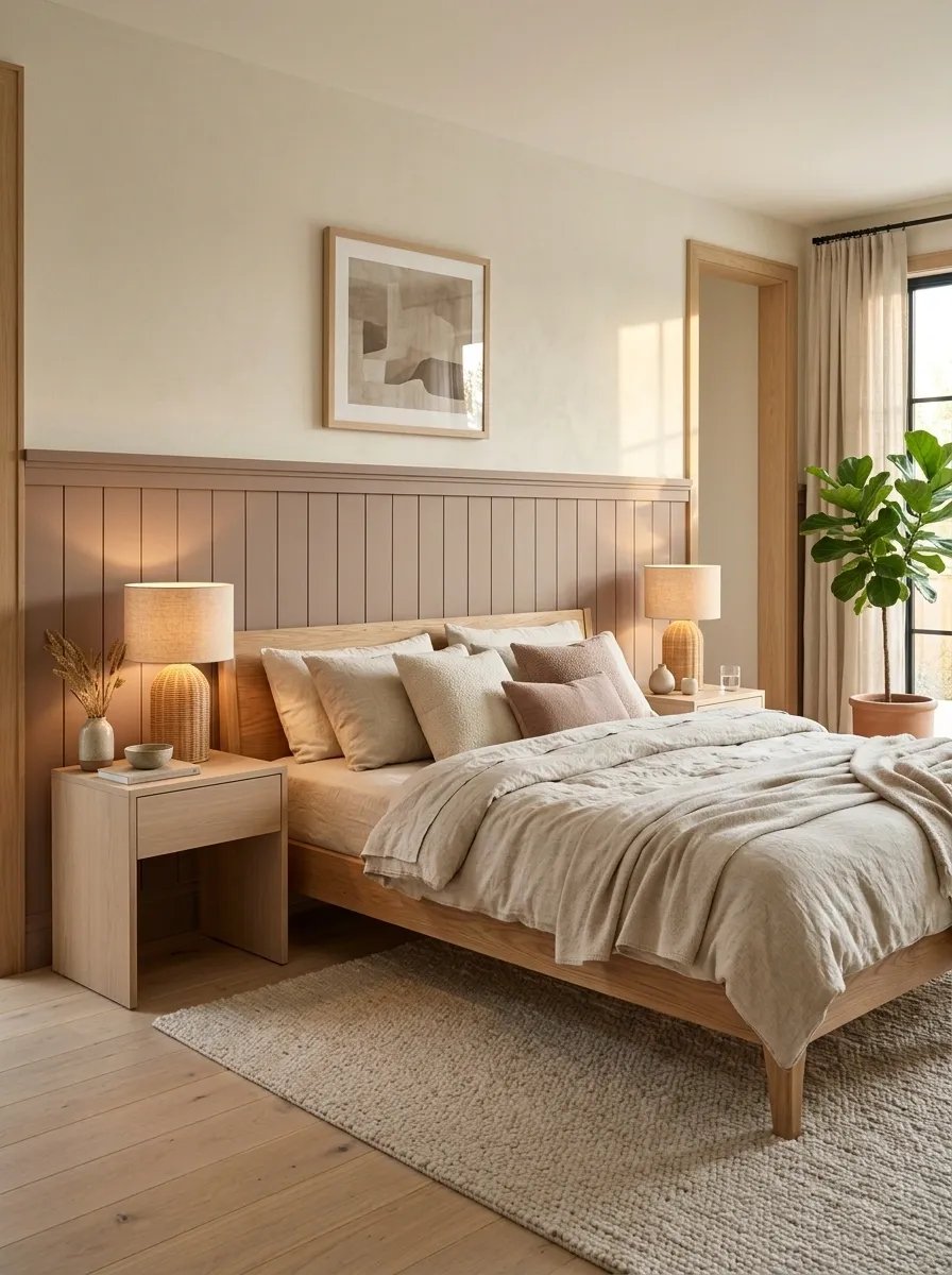Clay-Toned Wainscoting With Natural Oak Bedroom Furniture
