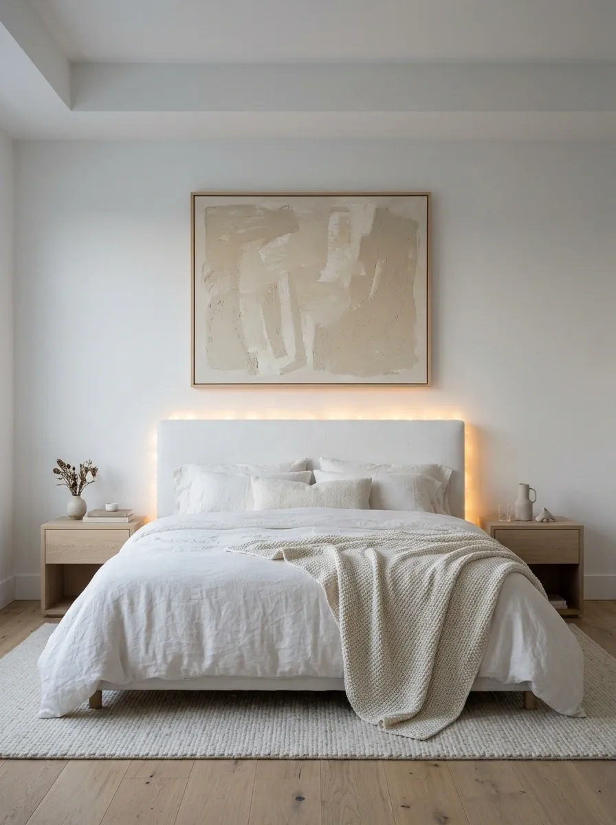 Clean White Bedroom With a Light-Framed Headboard