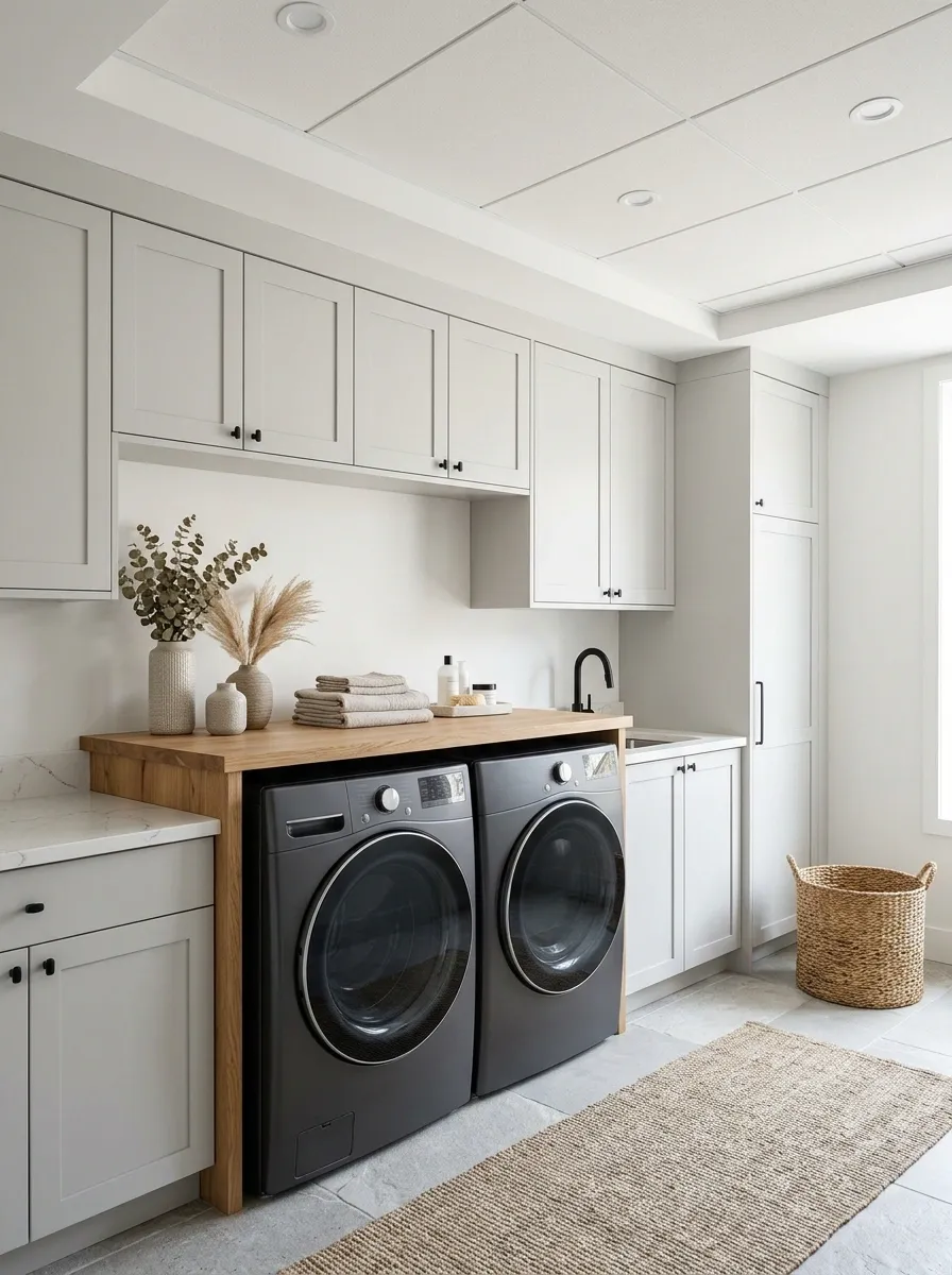 Clean White Drop Ceiling in a Modern Laundry Room
