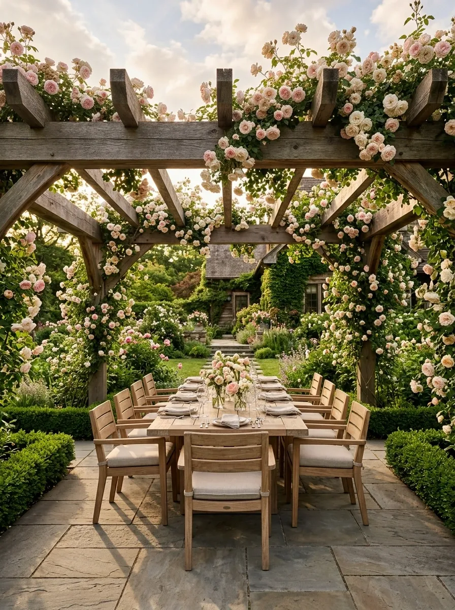 Climbing Roses Draped Along a Pergola