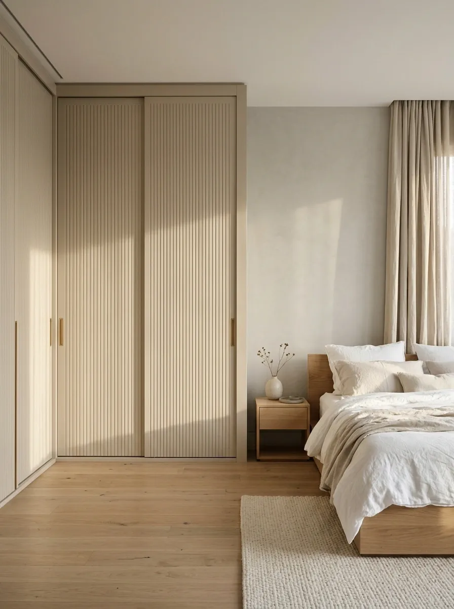 Closet With Fluted Sliding Doors and Concealed Storage