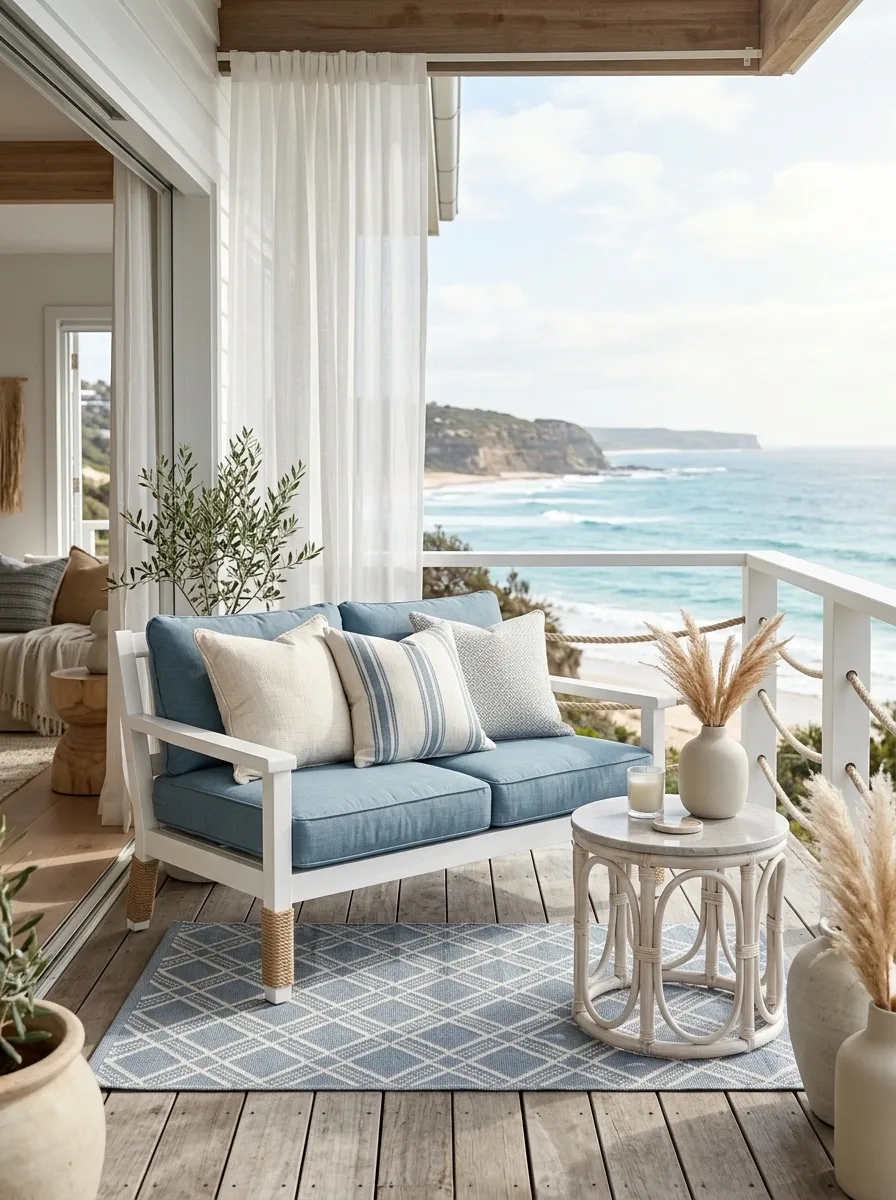 Coastal Balcony With White Furniture and Blue Textiles