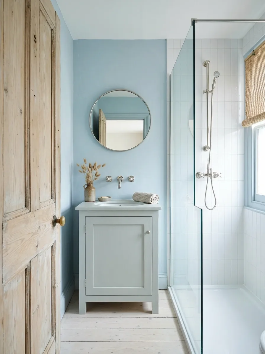 Coastal Bathroom With a Salvaged Door and a White Tiled Shower