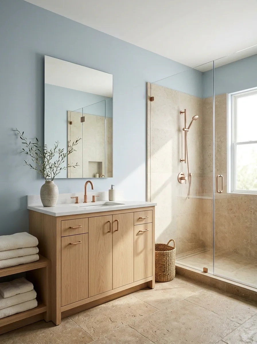 Coastal Bathroom With Pale Blue and Sandy Stone