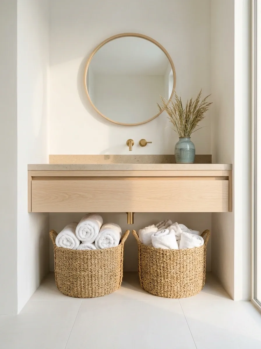 Coastal Bathroom With Woven Towel Baskets Under a Floating Vanity