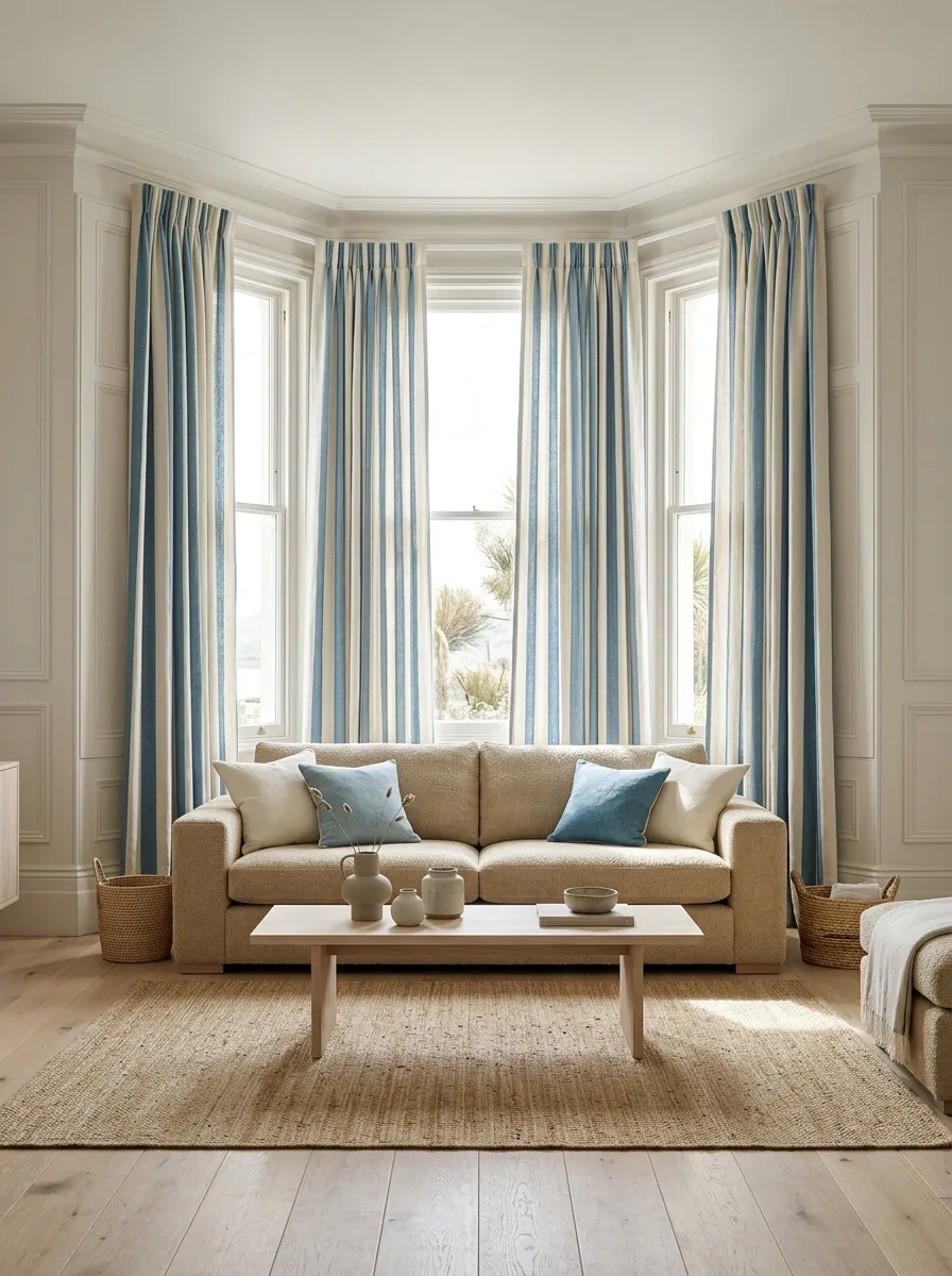 Coastal Bay With Broad Blue-and-Cream Striped Curtains