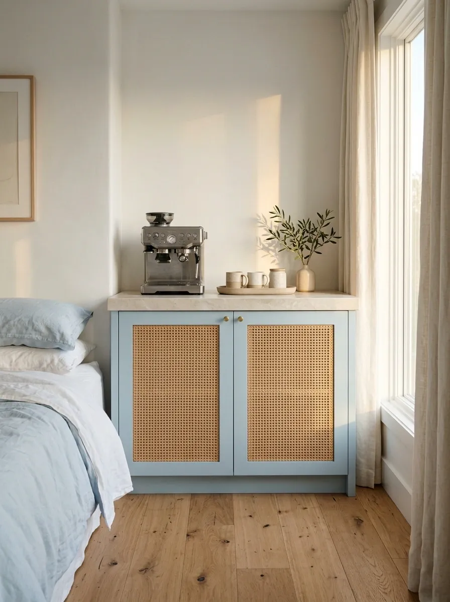Coastal Bedroom Coffee Cabinet With Rattan and Pale Blue