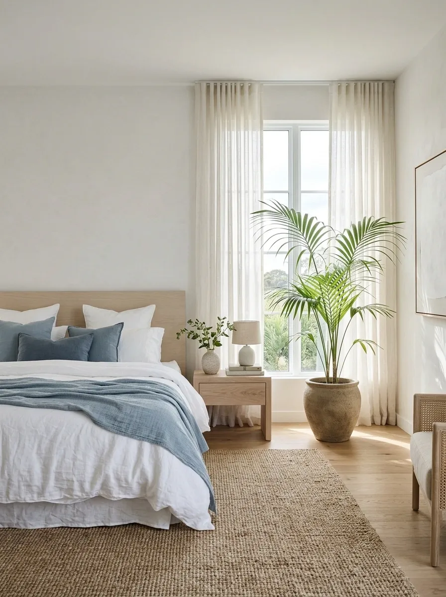 Coastal Bedroom With Airy Bedding and Palm-Like Greenery