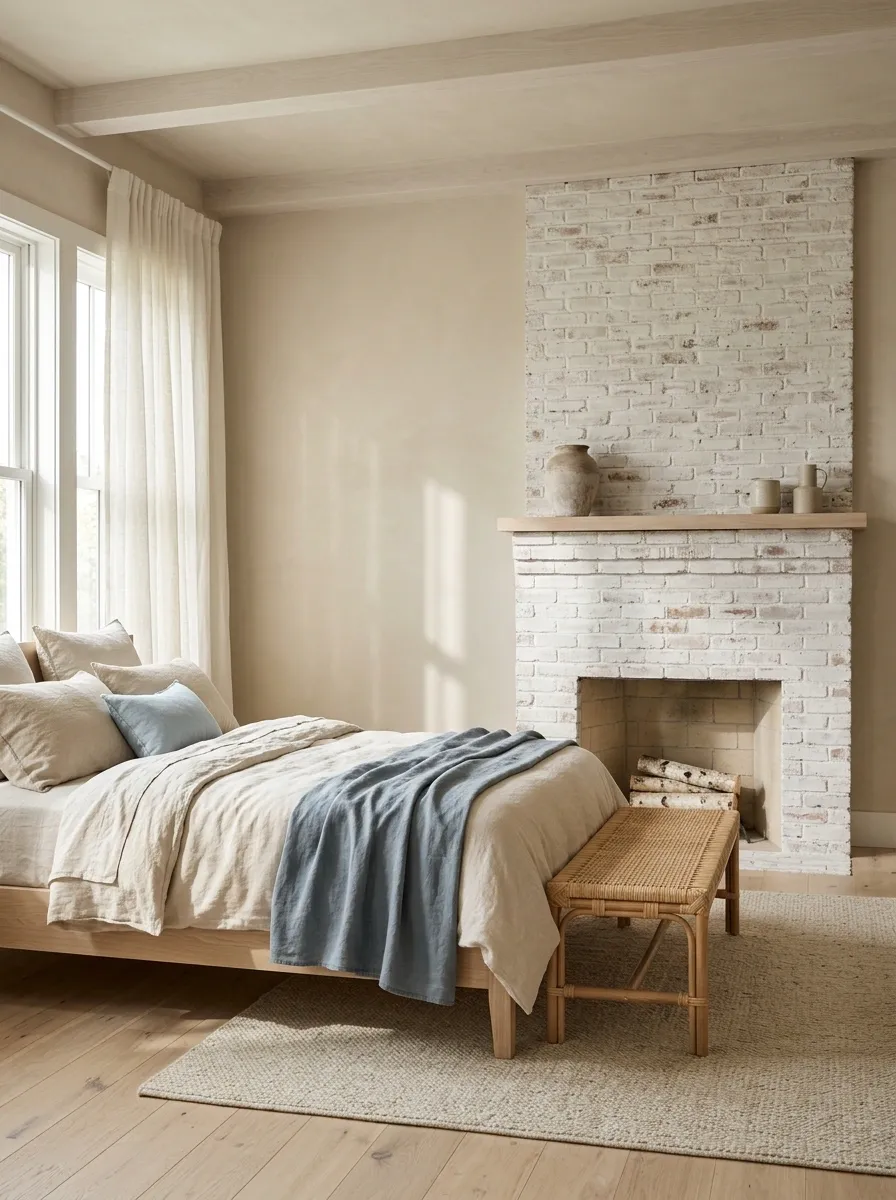 Coastal Bedroom With Whitewashed Fireplace and Soft Blue Accents