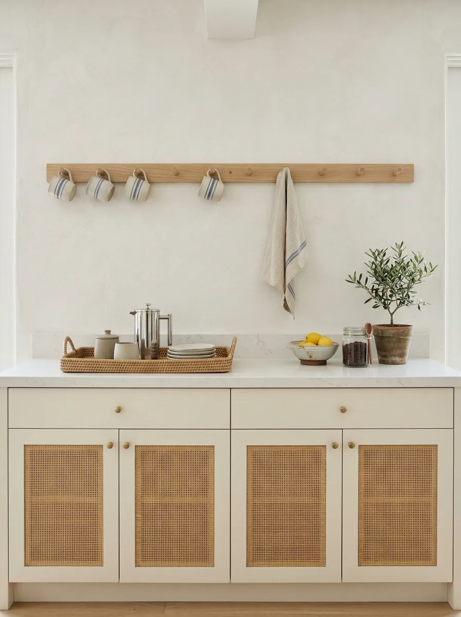Coastal Breakfast Station With Woven Cabinet Fronts and a Long Peg Rack