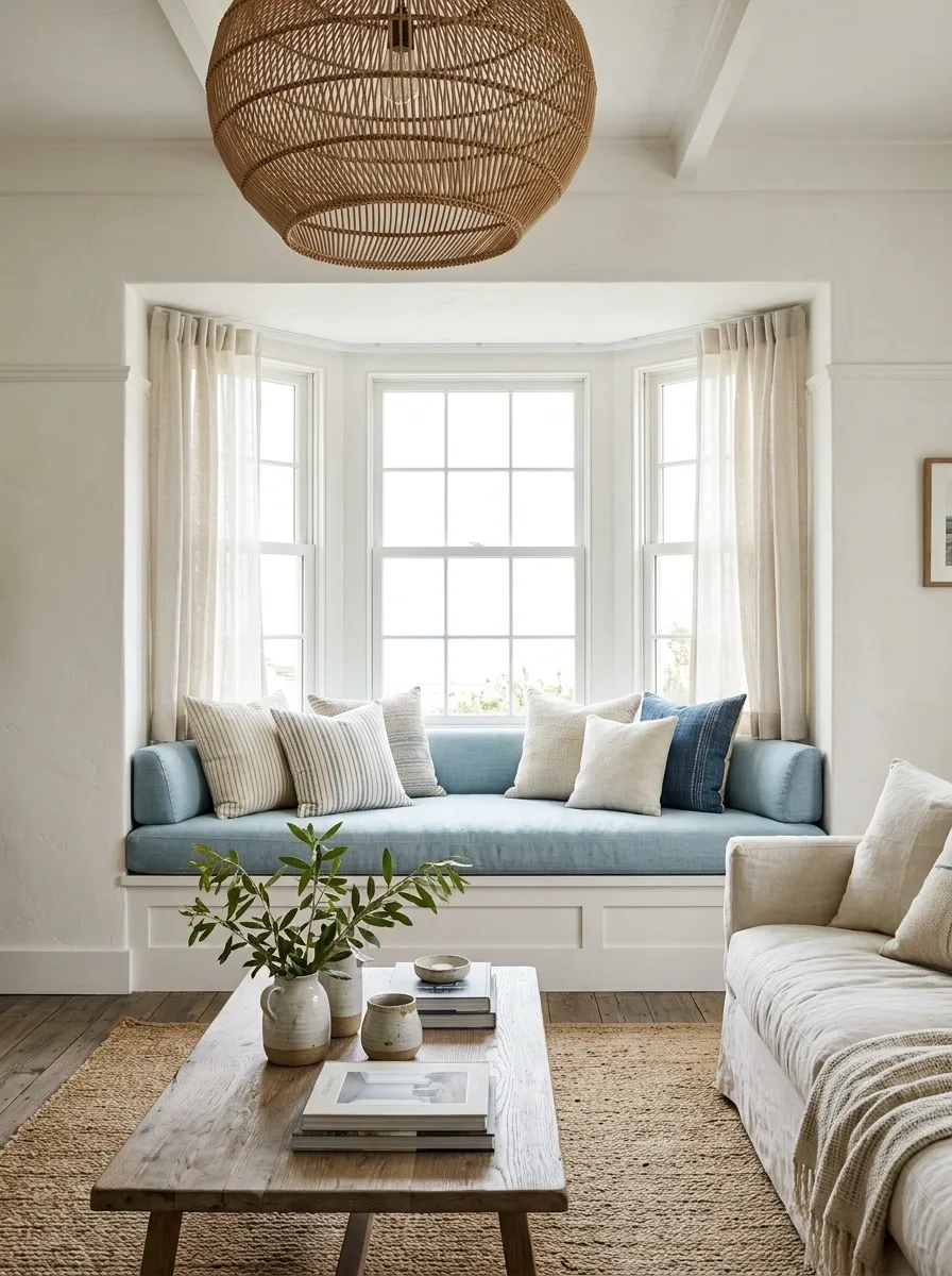 Coastal Cottage Bay Window With Pale Blue Upholstery and Woven Textures