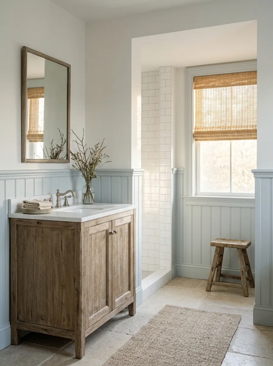 Coastal Country Bathroom With Weathered Oak and Pale Blue