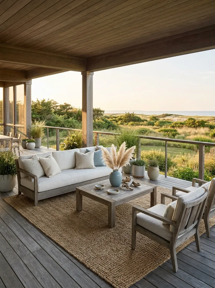 Coastal Deck With White Upholstery and Weathered Timber