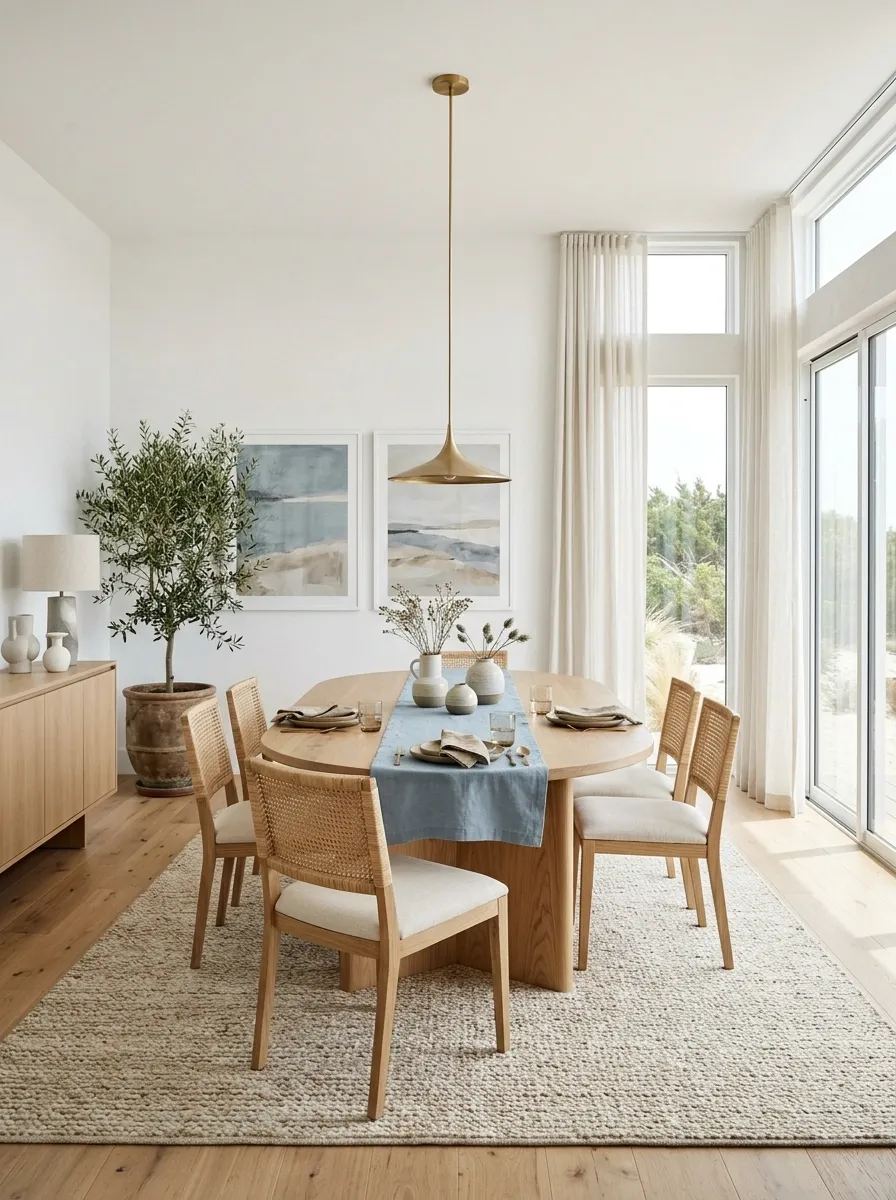 Coastal Dining Room With Light Oak and Soft Blue Accents