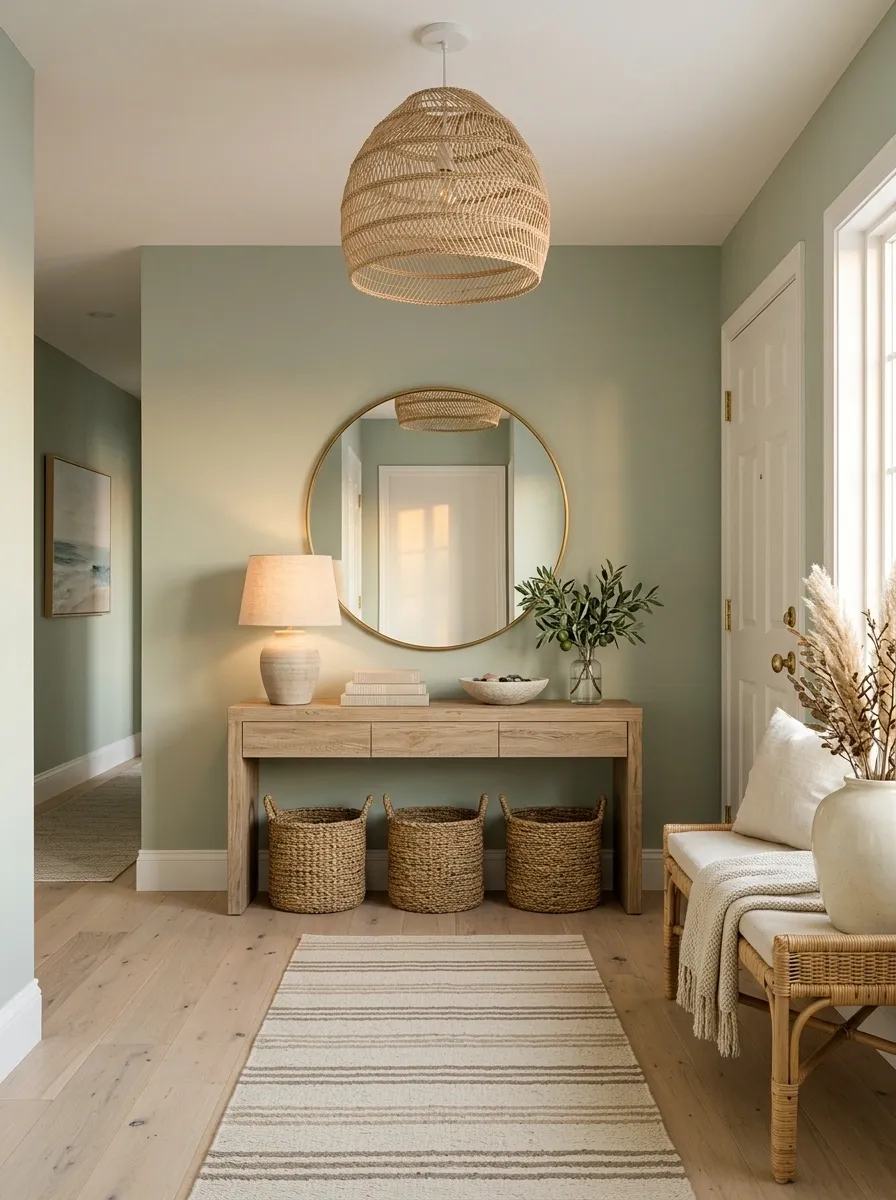 Coastal-Inspired Sage Entry With Bleached Wood and Woven Details