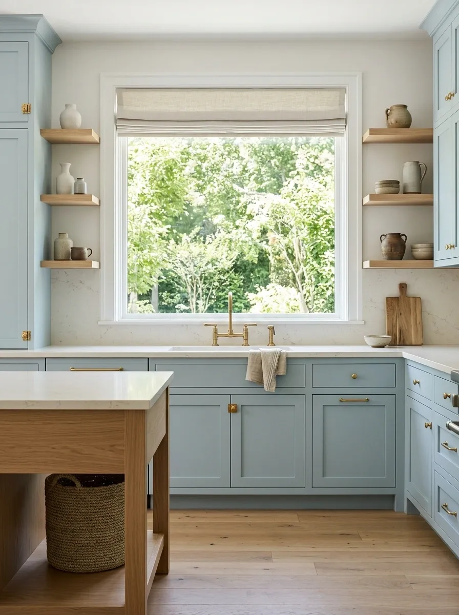 Coastal Kitchen With a Wide Window and Soft Blue Cabinetry