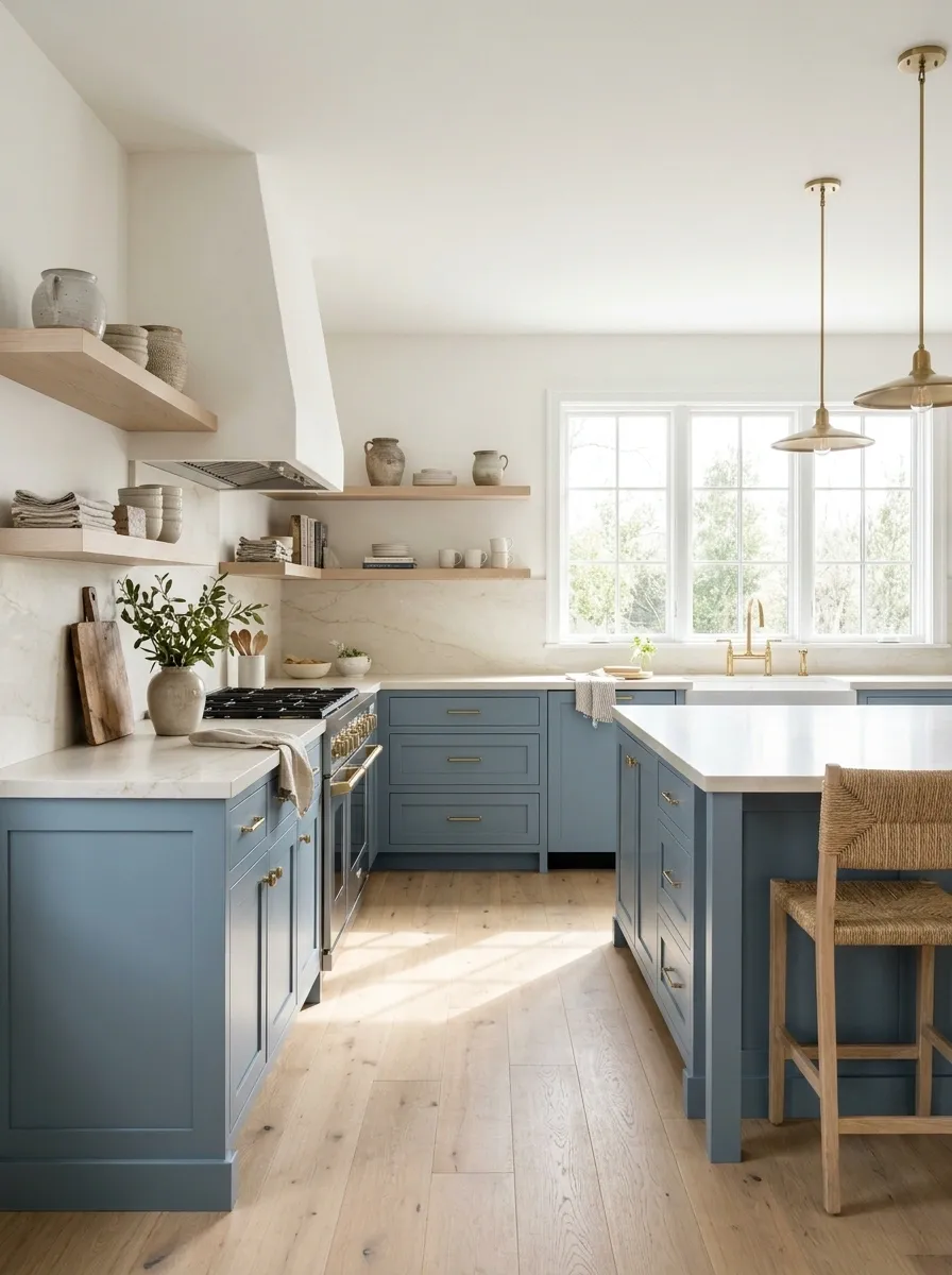 Coastal Kitchen With Dusty Blue Cabinets and Pale Oak