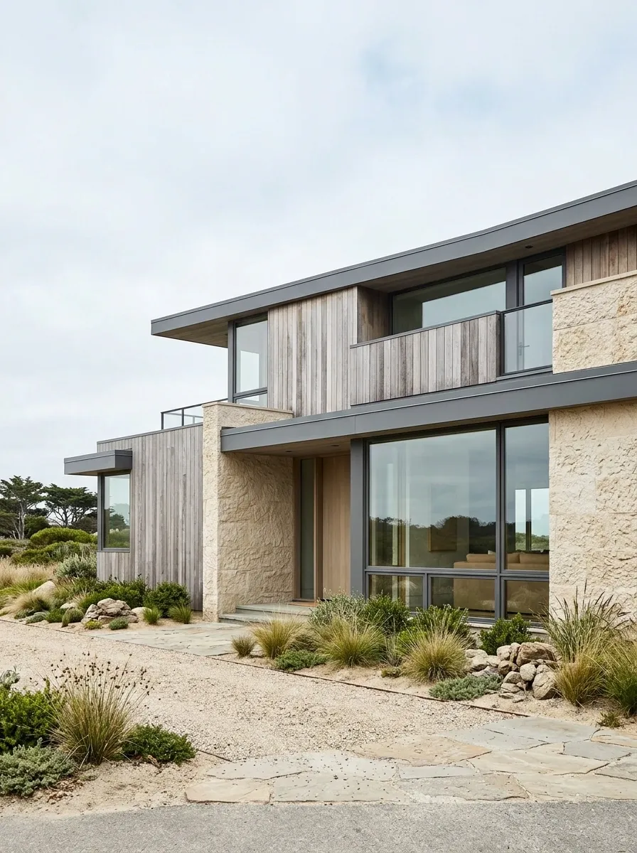 Coastal Modern House With Weathered Cedar and Pale Stone