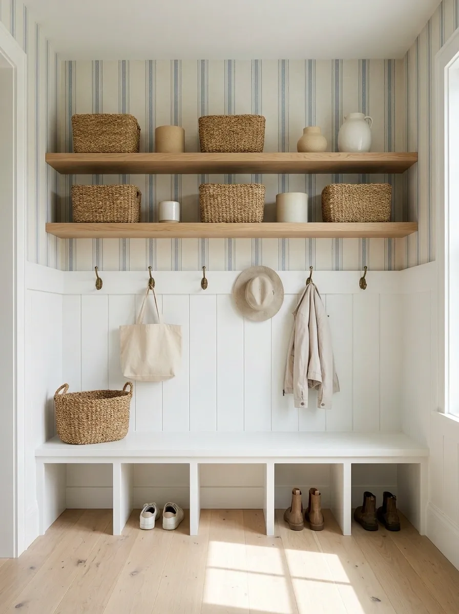 Coastal Mudroom Shelves With Faded Stripe Wallpaper and White Oak