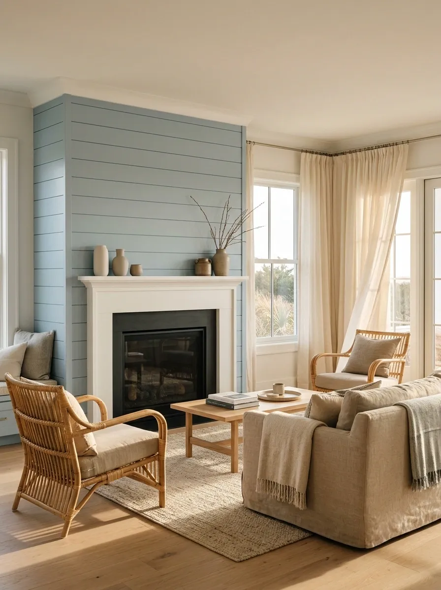 Coastal Shiplap Fireplace in Soft Blue and White